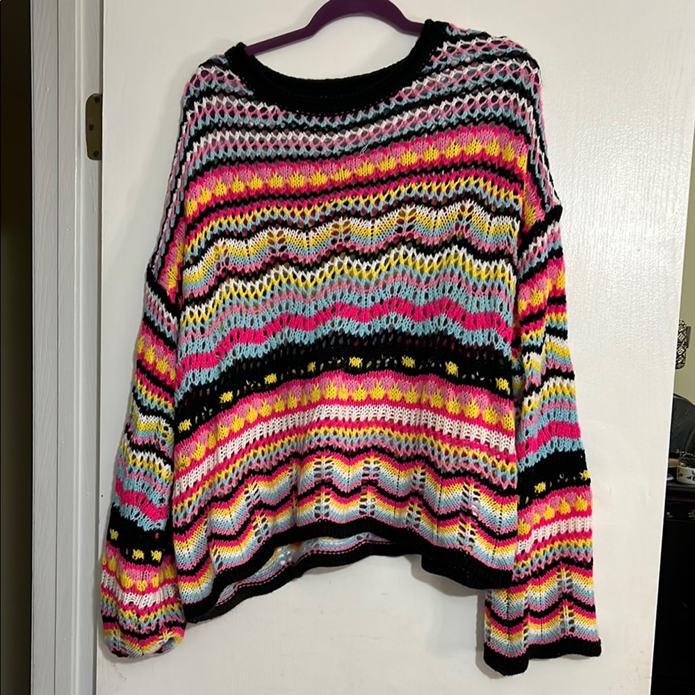 Pink and Red Crew Neck Striped Sweater